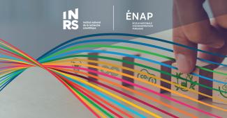Logos de l'INSP et de l'ENAP sur image de main avec blocs illustrant le développement durable et lignes colorées en premier plan