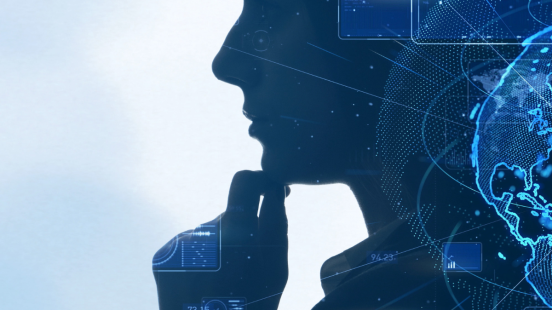 Femme et objets en bleu représentant le concept d'intelligence artificielle et un réseau de communication