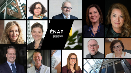 11 récipiendaires de l'ENAP présentés dans une mosaique d'images, logo de l'ENAP au centre dans l'accent