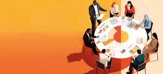 Illustration d'un panel de personnes autour d'une table ronde sur fond en dégradé orange