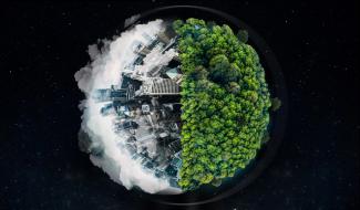 Le monde, les bâtiments urbains et la forêt illustrant la sensibilisation au changement climatique 