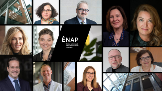 11 récipiendaires de l'ENAP présentés dans une mosaique d'images, logo de l'ENAP au centre dans l'accent