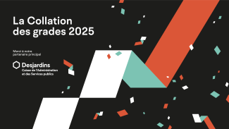 visuel de confettis et tapis à partir de formes d'accent illustrant la collation des grades et partenaire principal Desjardins